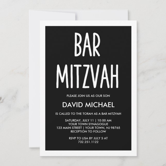 Invitación Blanco y negro| Moderno Bar de Tipografía Mitzvah (Anverso)