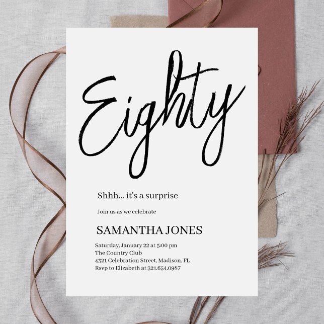 Invitación Blanco y Negro Moderno Ochenta 80 cumpleaños (Subido por el creador)