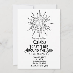 Invitación Blanco y Negro Primer Viaje Alrededor del Sol Cump