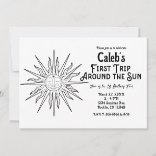Invitación Blanco y Negro Primer Viaje Alrededor del Sol Cump