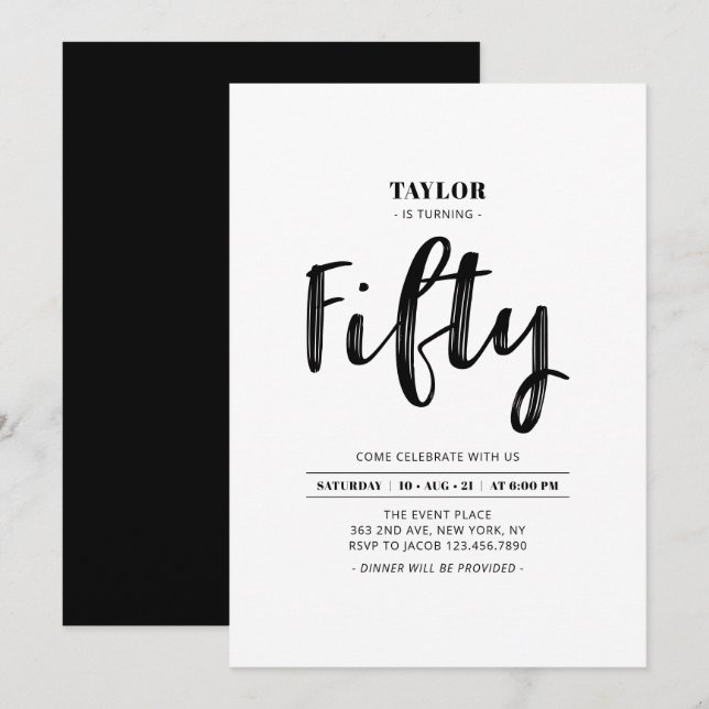 Invitación Blanco y negro Simple Cincuenta y cincuenta años d (Anverso / Reverso)