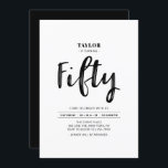 Invitación Blanco y negro Simple Cincuenta y cincuenta años d<br><div class="desc">Celebra tu día especial con esta sencilla y elegante invitación a la fiesta de cumpleaños número 50. Este diseño presenta un guión de pincel de moda "Fifty" con un diseño limpio en combinación de color blanco y negro. En mi tienda BaraBomDesign hay más invitaciones para eventos y suministros para fiestas....</div>