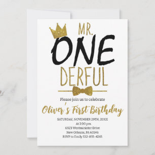 Invitación Blanco y negro, Sr. Un cumpleaños maravilloso, peq