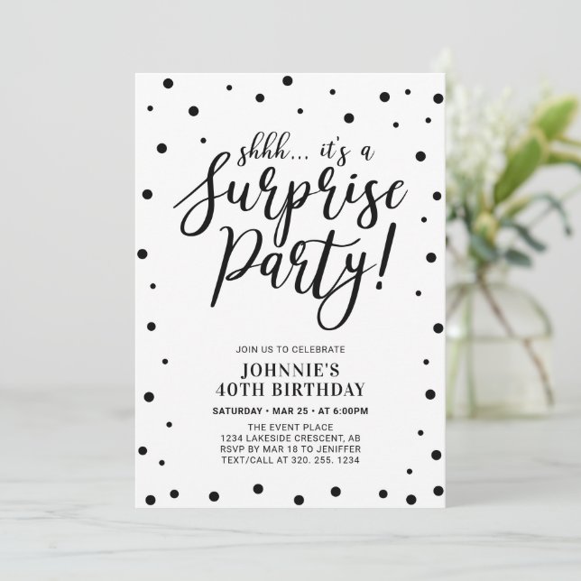 Invitación Blanco y negro | Surprise Adulthday Party (Anverso de pie)