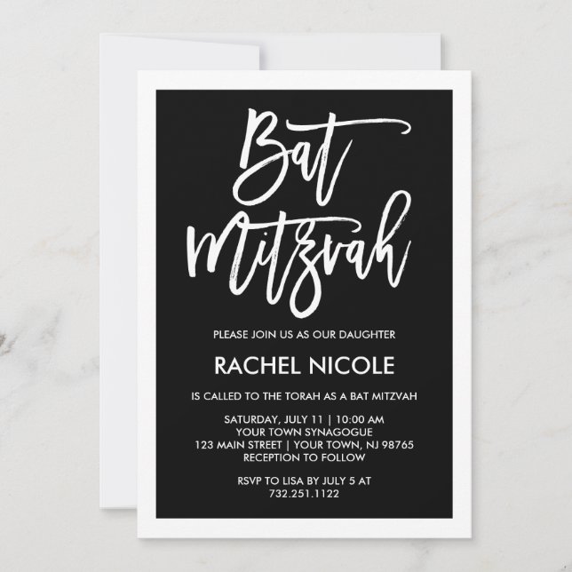 Invitación Blanco y negro| Tipografía moderna Bat Mitzvah (Anverso)