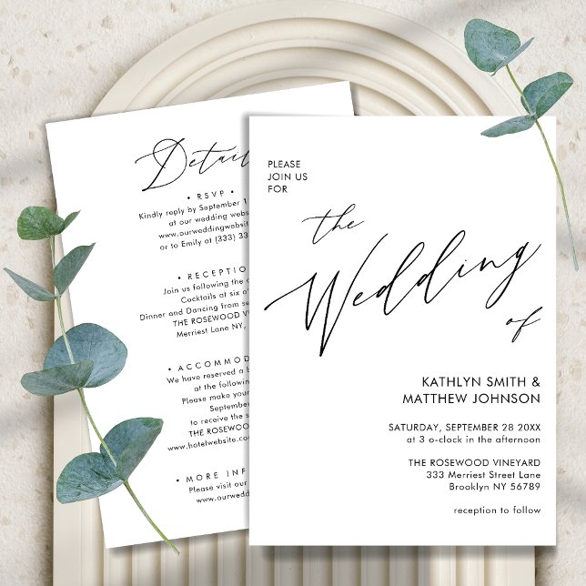 Invitación Blanco y negro todo en un Boda de escritura modern (Subido por el creador)