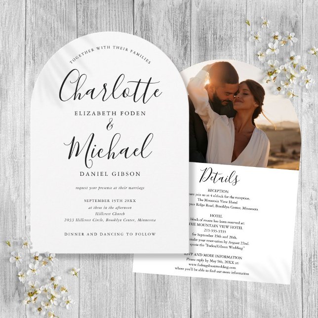 Invitación Blanco Y Negro Todo En Un Boda De Un Arco De Fotog (Black And White All In One Photo Arch Wedding Invitation)