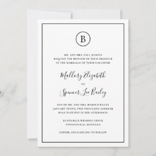 Invitación Blanco y negro tradicionales en un solo Boda