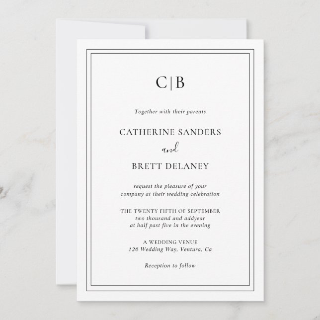 Invitación Blanco y negro tradicionales en un solo Boda (Anverso)