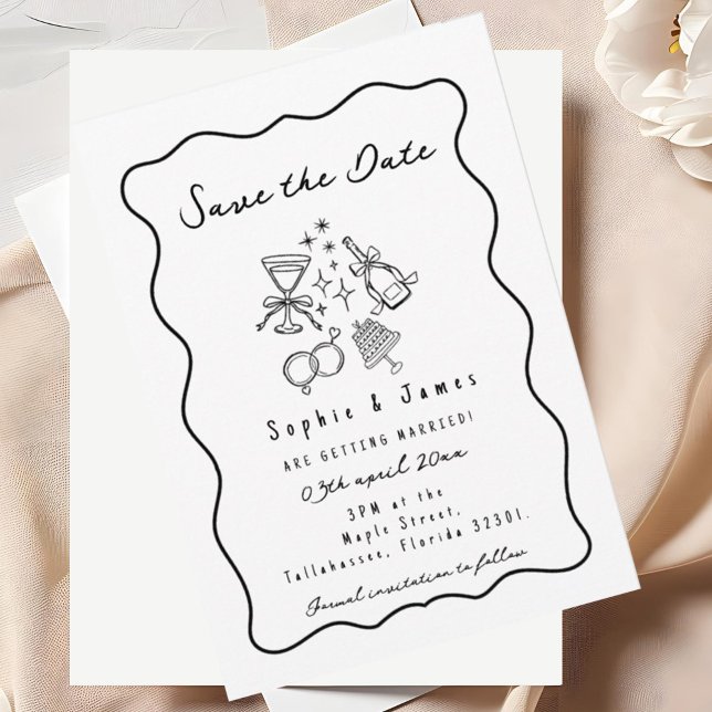 Invitación blanco y negro Whimsical Doodle Trendy Boda (Subido por el creador)