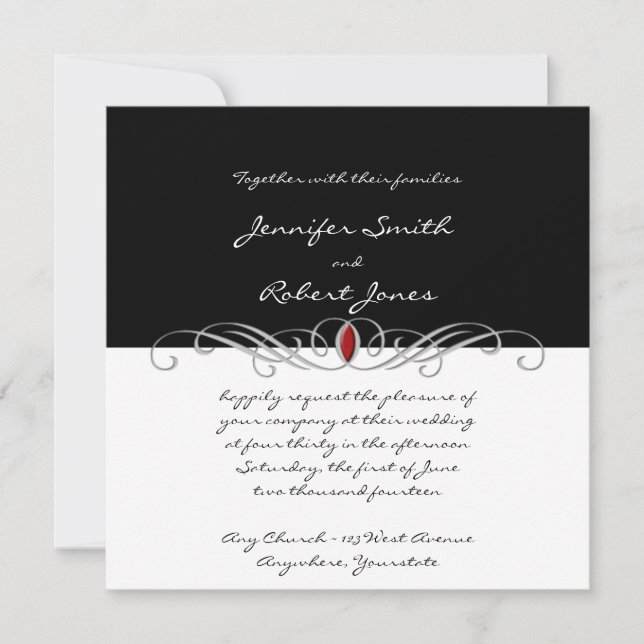 Invitación blanco y negro y de rubíes de la boda (Anverso)