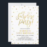 Invitación Blanco y oro | 50.ª fiesta de cumpleaños sorpresa<br><div class="desc">Celebra tu día especial con esta elegante plantilla de invitación para fiestas de cumpleaños. Este diseño presenta confeti y caligrafía con textura dorada de moda. Esta sencilla pero elegante invitación a la fiesta sorpresa será perfecta para cualquier fiesta moderno. Puede personalizar a cualquier evento.</div>