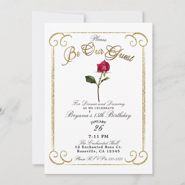 Invitación Blanco y Oro Rosa Roja Fiesta de Cumpleaños de Bel (Anverso)