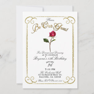 Invitación Blanco y Oro Rosa Roja Fiesta de Cumpleaños de Bel