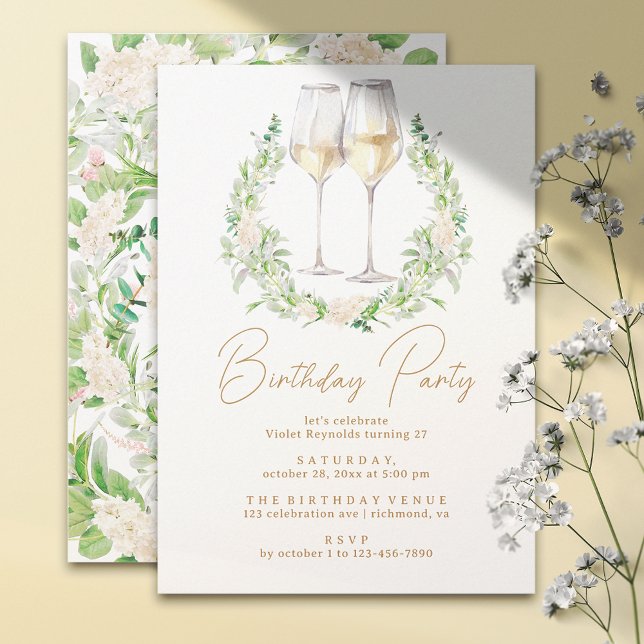 Invitación Blanco y oro | Vino floral Cualquier cumpleaños ad (Subido por el creador)