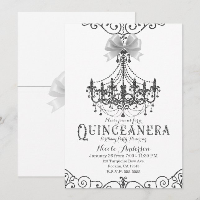 Invitación Blanco y plata Arco blanco Chic Quinceañera 15 15º (Anverso / Reverso)