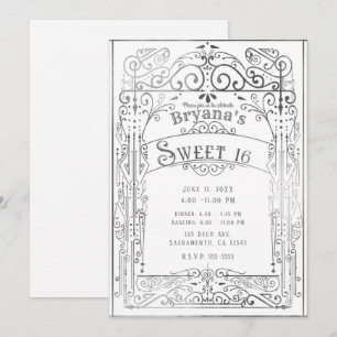 Invitación Blanco y Plata Deco Victoriano Antiguo Dulce 16