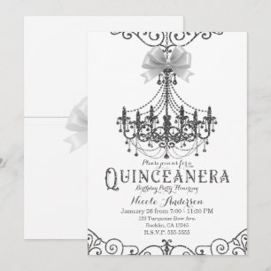 Invitación Blanco y Plata Lazo Blanco Chic Quinceañera 15 XV