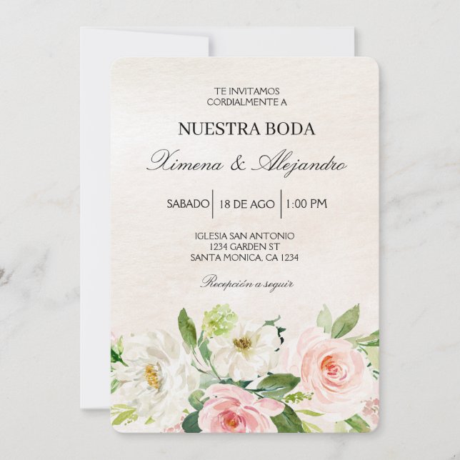 Invitación Blanco y rosa Floral Boda español beige (Anverso)