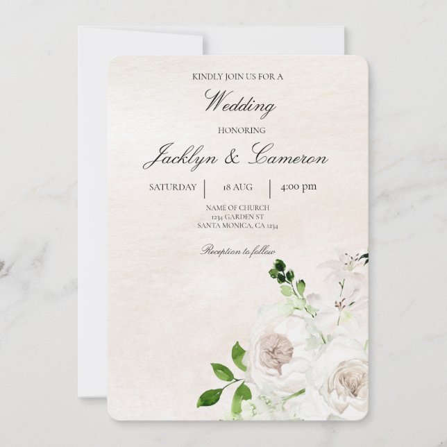 Invitación Blanco y verde Boda floral beige (Anverso)