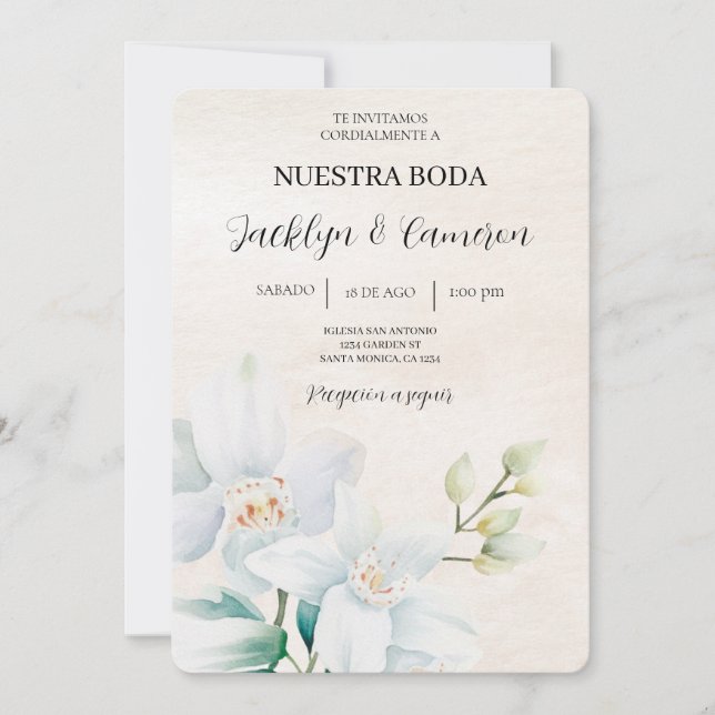 Invitación Blanco y verde Floral Boda español beige (Anverso)