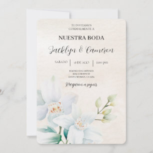 Invitación Blanco y verde Floral Boda español beige