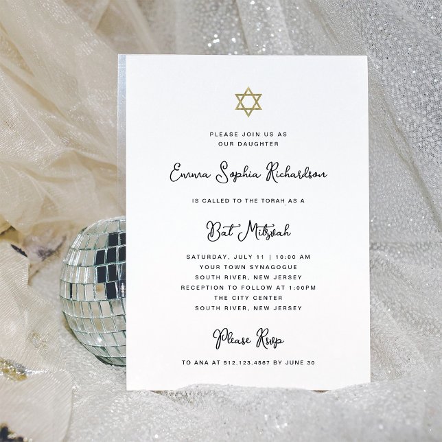 Invitación Blancos blancos y dorados dulces y simples Mitzvah (Subido por el creador)