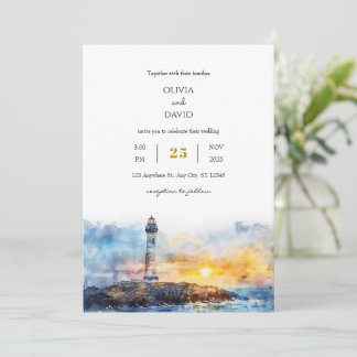 Invitación Blanda Azul Nautical Sunset Lighthouse Beach Weddi