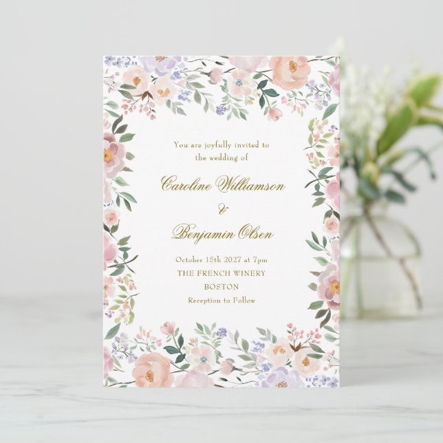 Invitación Blanda Pastel Watercolor Floral Boda Jardín (Anverso de pie)