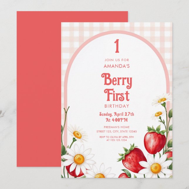 Invitación Blanda rosa Gingham Strawberries Daisy Primer cump (Anverso / Reverso)