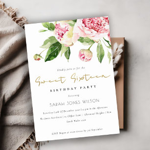 Invitación Blanda Rubor Floral Peony Dulce Dieciséis Cumpleañ