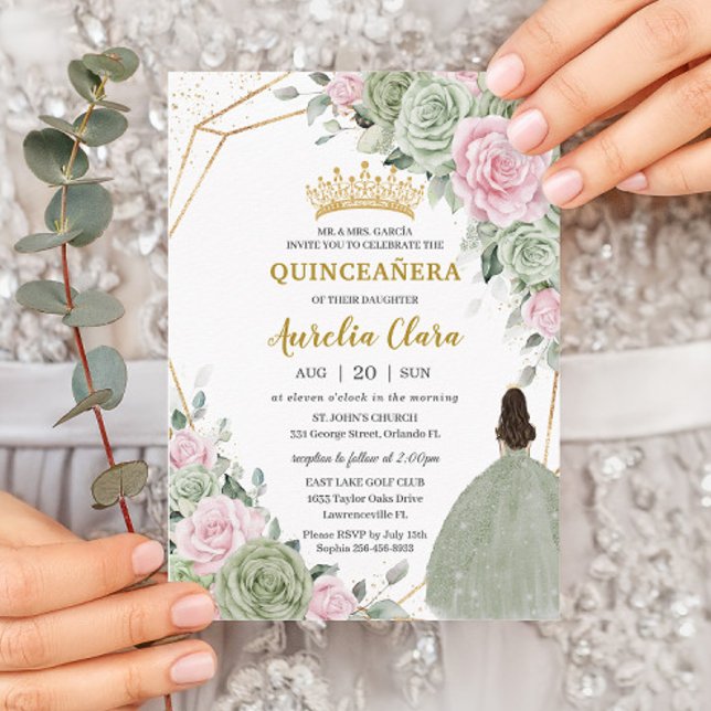 Invitación Blanda Sage Green Pink Floral Gold Quinceañera (Subido por el creador)