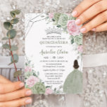 Invitación Blanda Sage Verde Plata Floral Rosa Quinceañera<br><div class="desc">Esta invitación a la moda de Quinceañera tiene un marco geométrico purpurina plateado adornado con delicados saltos de color verde, floral rosa pálido, suave vegetación de salvia y un chica con un bonito vestido verde salado. Personalízalo con tus detalles de forma fácil y rápida, simplemente pulsa el botón personalizar it...</div>