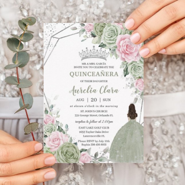 Invitación Blanda Sage Verde Plata Floral Rosa Quinceañera (Subido por el creador)