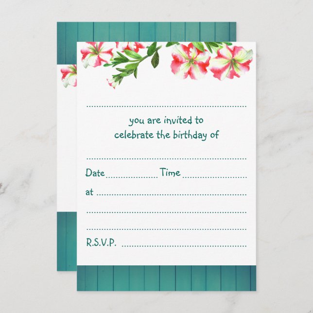 Invitación Blank Rustic Watercolor Trailing Petunias Birday (Anverso / Reverso)