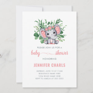 Invitación Blanquecina elefante linda niña verde