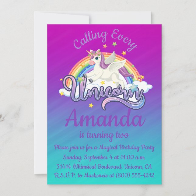 Invitación blanquecina mágica de Unicornio (Anverso)