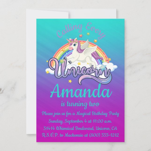 Invitación blanquecina mágica de Unicornio (Anverso)