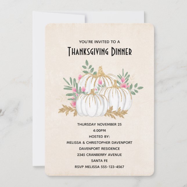 Invitación Blanquecinas y calabazas de oro acuarela Acción de (Anverso)