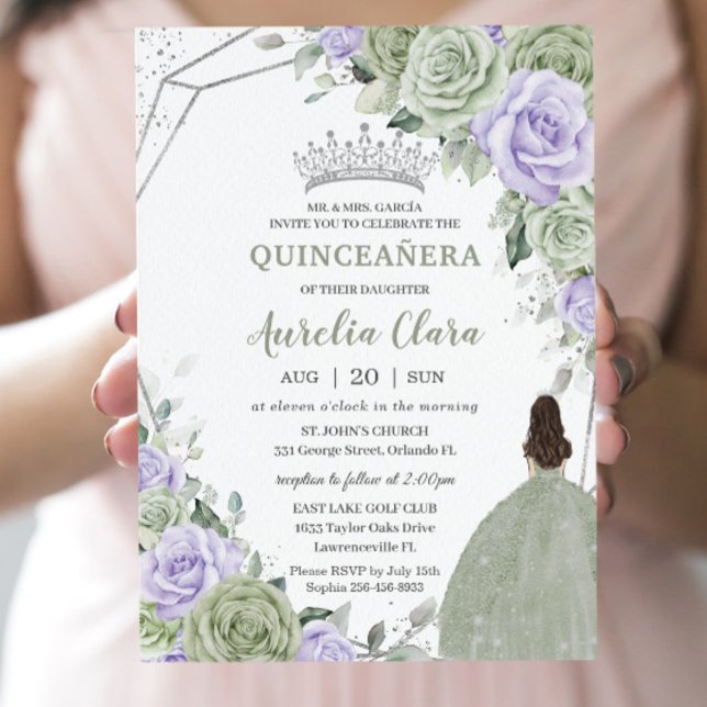 Invitación Blanquera Verde Morado Floral Plata Quinceañera (Subido por el creador)