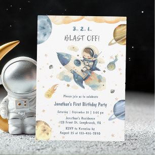 Invitación Blast Off 1er Birthday Invitation Rocket Ship