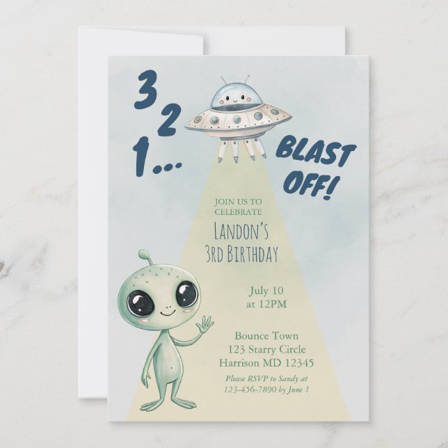Invitación Blast Off Alien Boys Third Birthday (Anverso)
