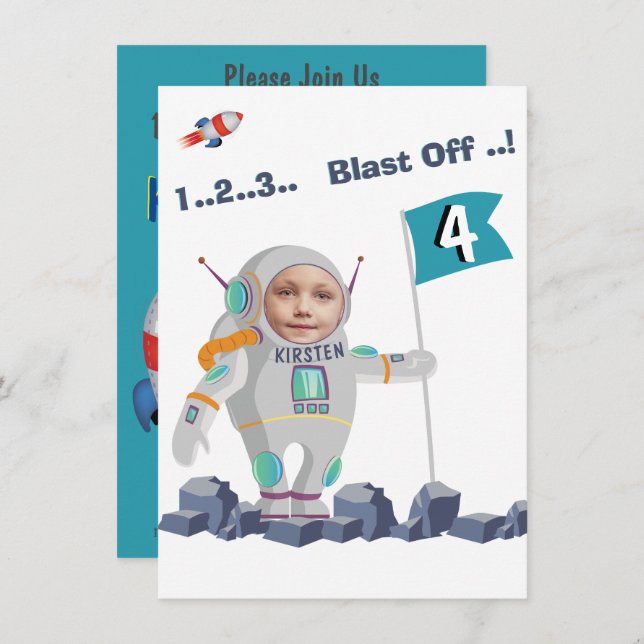 Invitación Blast Off Astronaut Photo Template Rocket Cumpleañ (Anverso / Reverso)