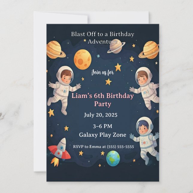 Invitación Blast Off Space Adventure Kids 6th Birthday Party  (Anverso)