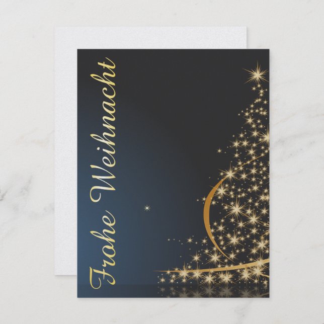 Invitación Blaues Weihnachtsmotiv mit goldenem Weihnachtsbaum (Anverso / Reverso)