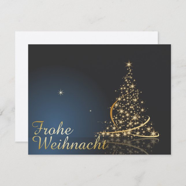 Invitación Blaues Weihnachtsmotiv mit goldenem Weihnachtsbaum (Anverso / Reverso)