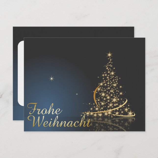 Invitación Blaues Weihnachtsmotiv mit goldenem Weihnachtsbaum (Anverso / Reverso)