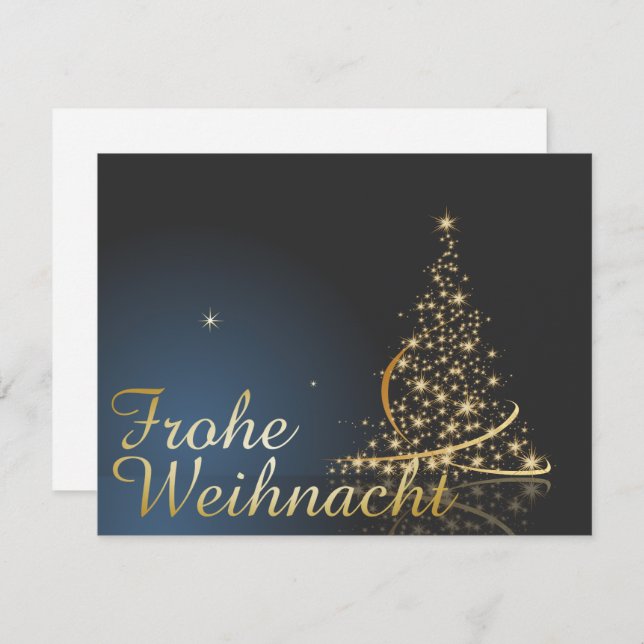 Invitación Blaues Weihnachtsmotiv mit goldenem Weihnachtsbaum (Anverso / Reverso)