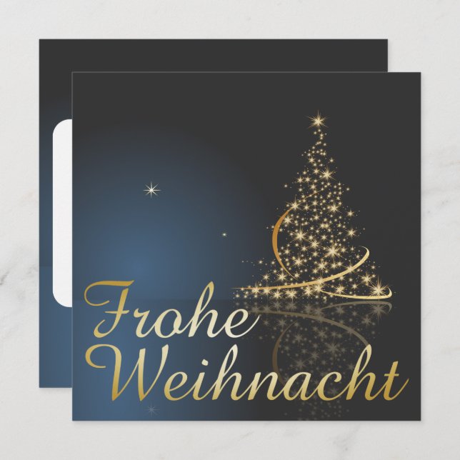 Invitación Blaues Weihnachtsmotiv mit goldenem Weihnachtsbaum (Anverso / Reverso)