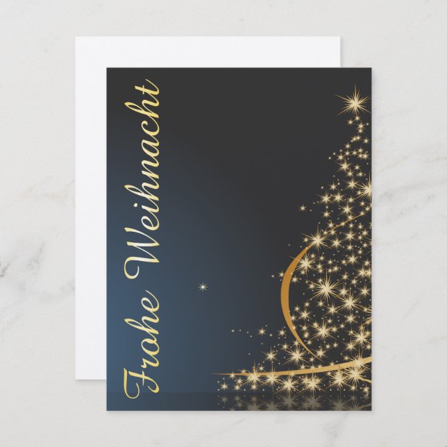 Invitación Blaues Weihnachtsmotiv mit goldenem Weihnachtsbaum (Anverso / Reverso)